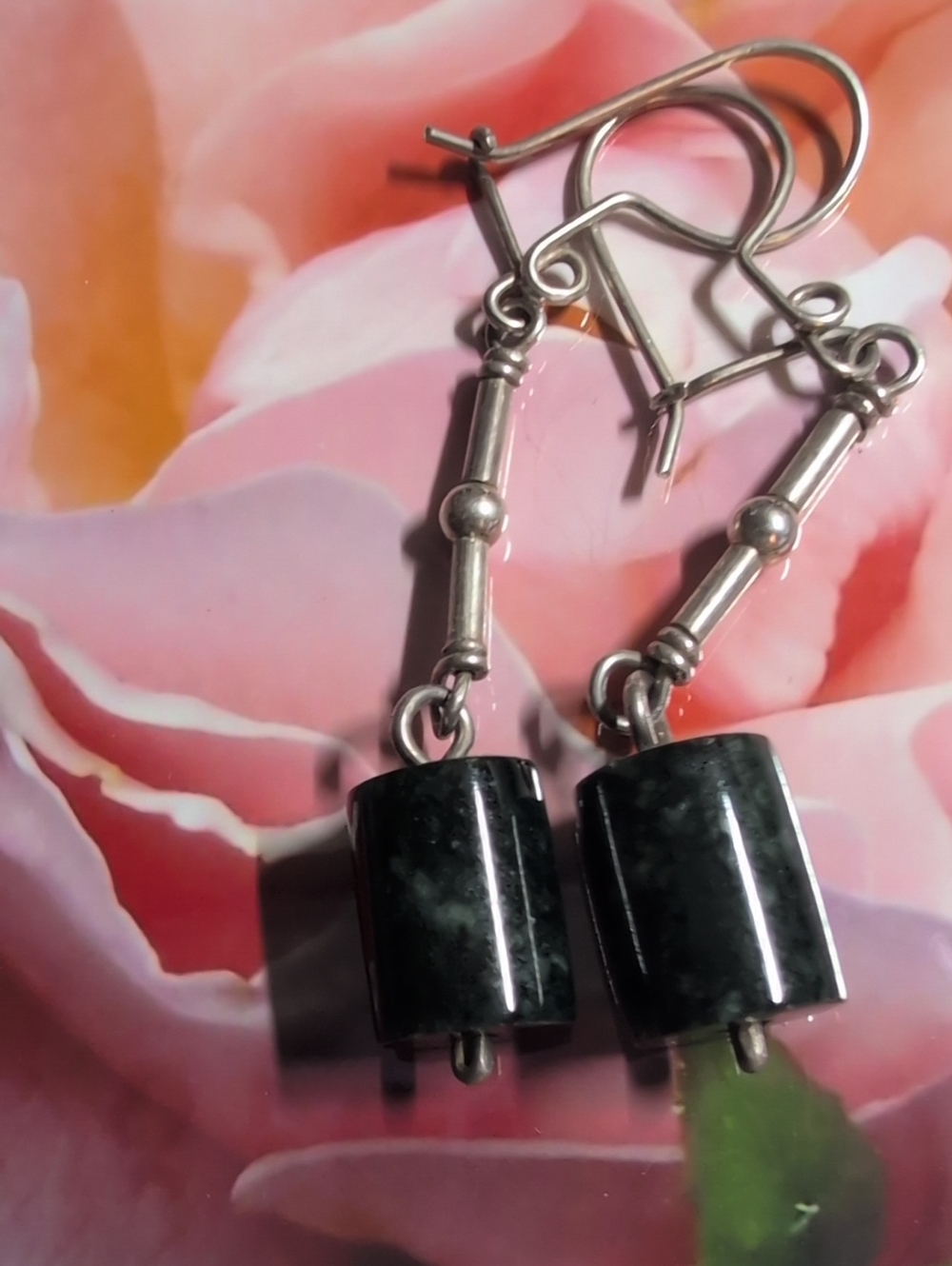 Sterling Silver Dark Green Jade Dangle Earrings